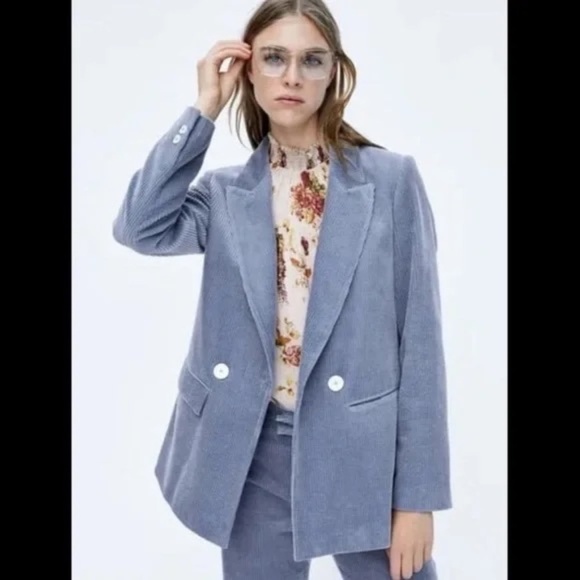 Zara Corduroy double breasted oversized Blazer Blue Gray 16564 - Picture 1 of 12